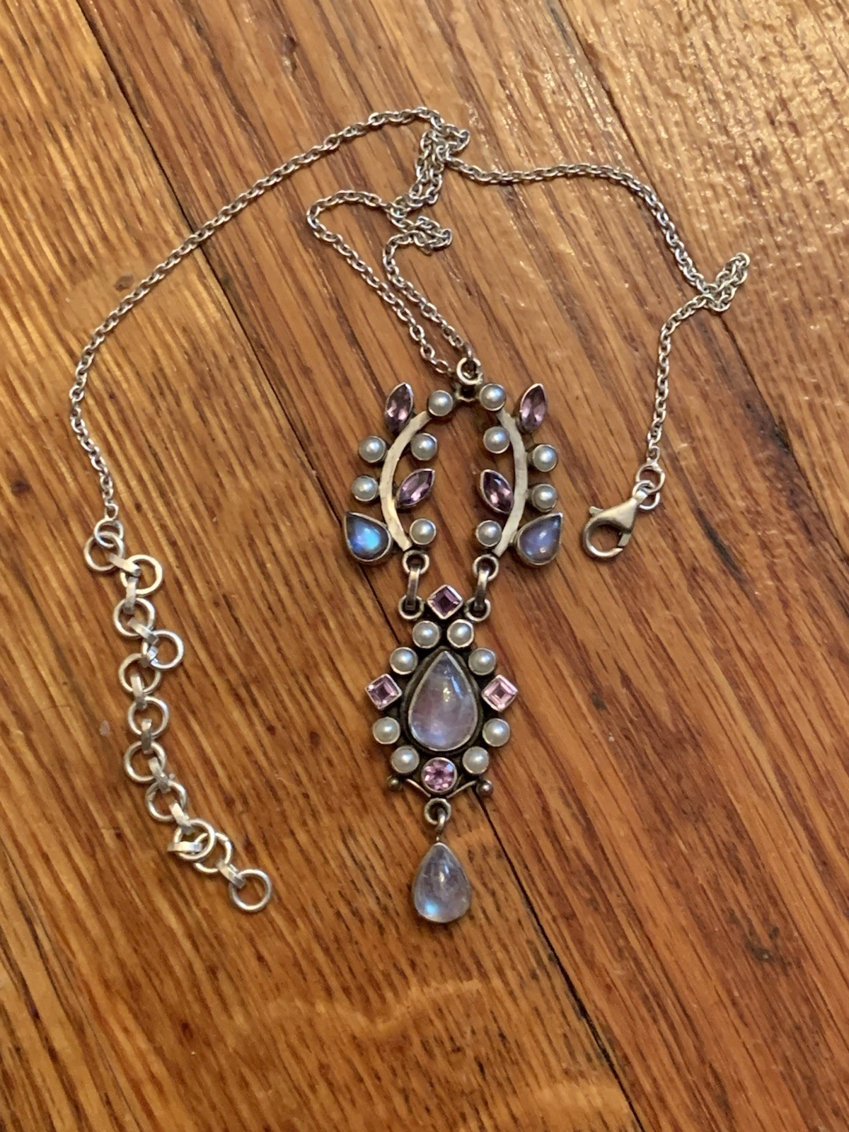 Sterling multi gem necklace vintage made in India. rare. Amethyst, moonstone