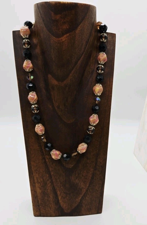 Necklace Amber Brown Peach Multicolored Glass Beaded Signed JAPAN 21 in