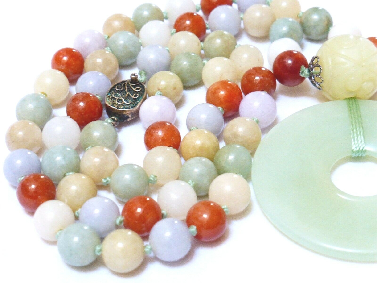 Vintage Chinese Multi-Color Jade 9mm Beads Necklace Pendant, Silver Clasp, 25″