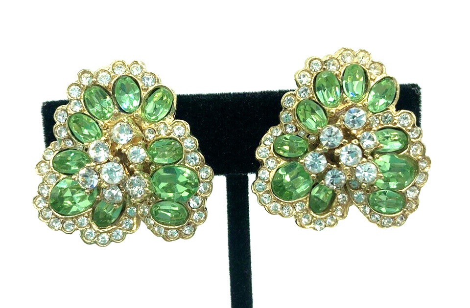 Ciner Green Crystal Leaves Clover Flower Gold Tone Clip Earrings Huge Runway