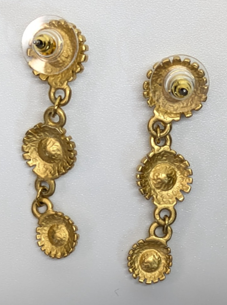 VTG Gold Tone Floral Dangle Drop Pink Purple Rhinestone Pierced Earrings 1 5/8″
