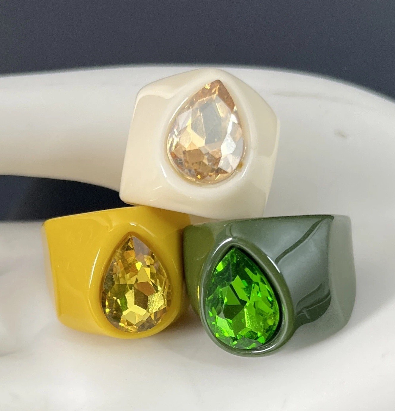 Retro Lucite Rhinestone Rings Set Green Yellow Cream Size 7 – 7.5 Chunky Boho