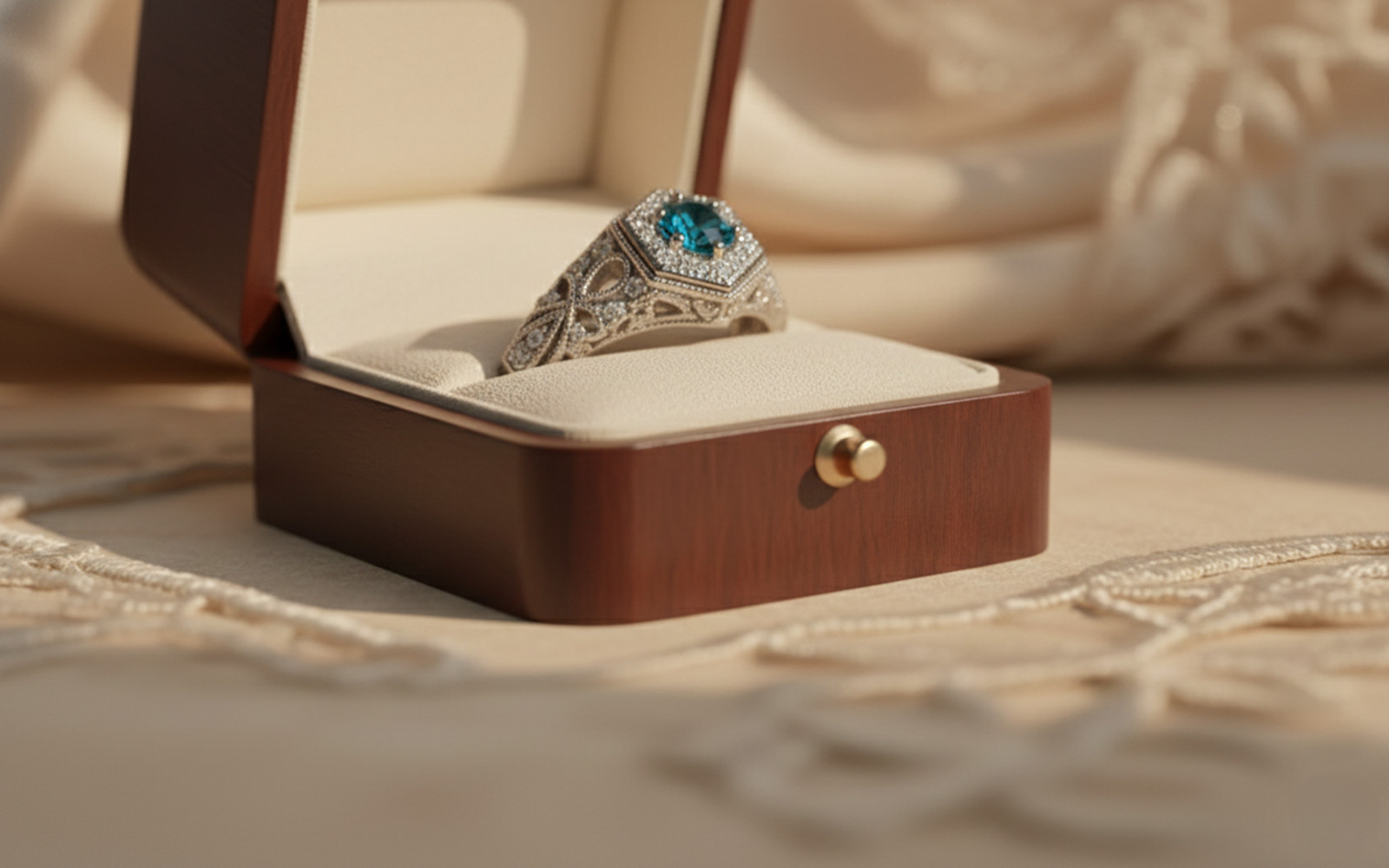 Filigree Art Deco Vintage Inspire Classic Wedding Ring 925 Silver Aquamarine CZ