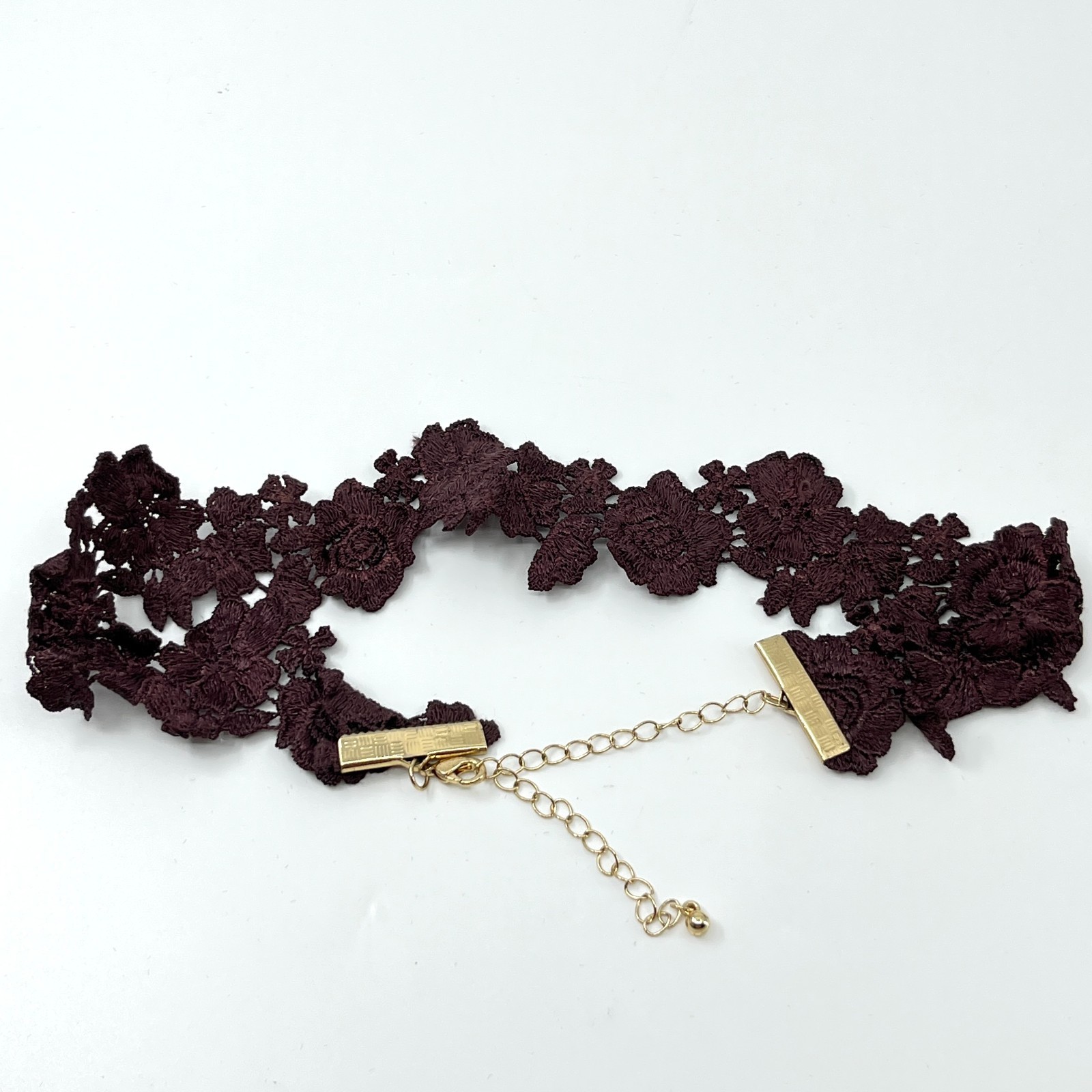 Vintage Retro Dark Burgundy Lace Rose Floral Choker Necklace Gold Tone Jewelry