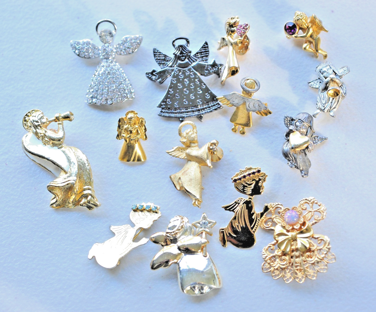 Large LOT ANGELS BROOCH pin gold silver rhinestone enamel 1 signed jane MN12