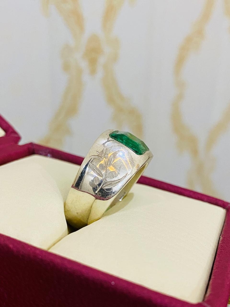 Emerald Ring Green Emerald Stone Ring Unisex Ring Silver Engraved Ring