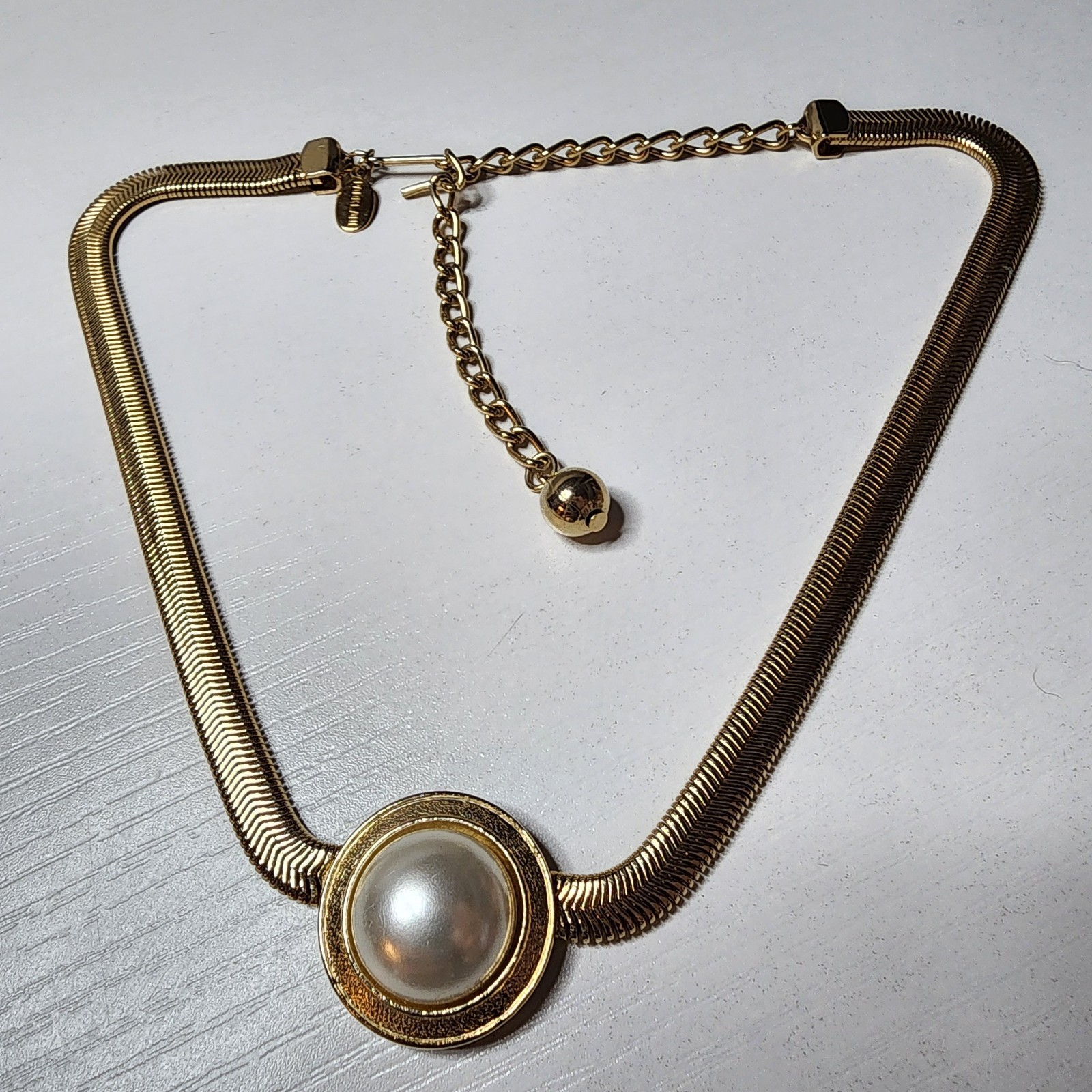 Vintage Signed Park Lane Gold Tone Faux Pearl Serpentine Choker Necklace Snake