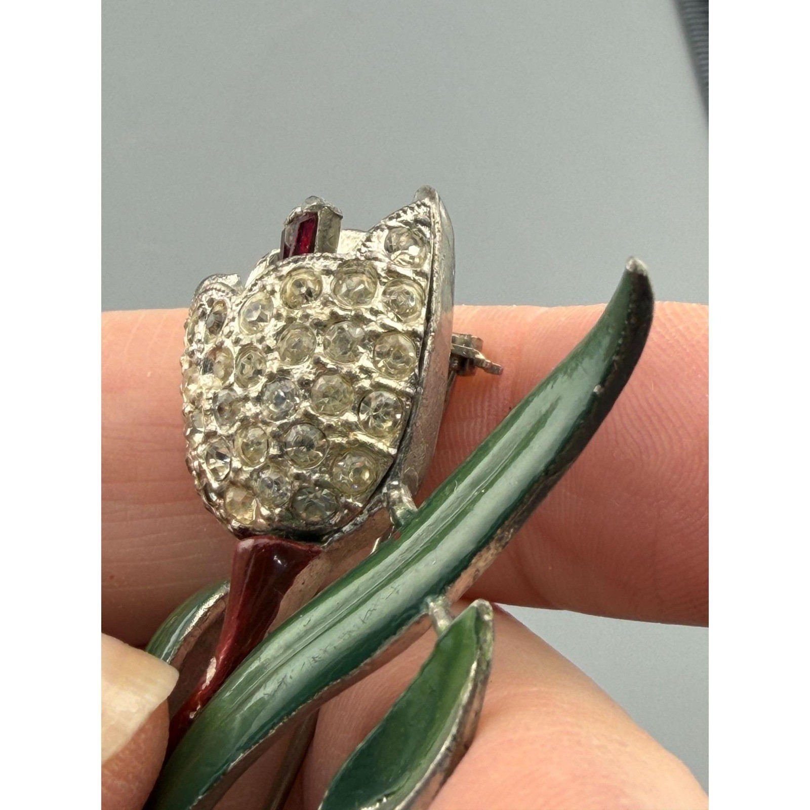 Vintage Coro Brooch Adolph Katz Trembler Tulip Flower Rhinestone Pot Metal