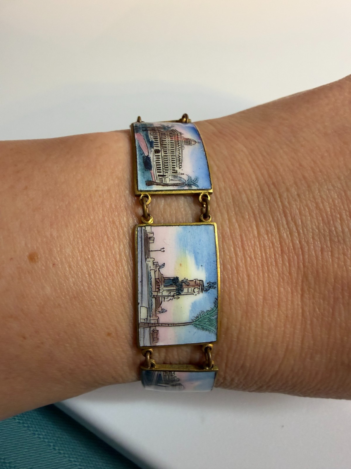 Vintage Havana Cuba Enamel Souvenir Travel Bracelet Panel Links Mid-Century