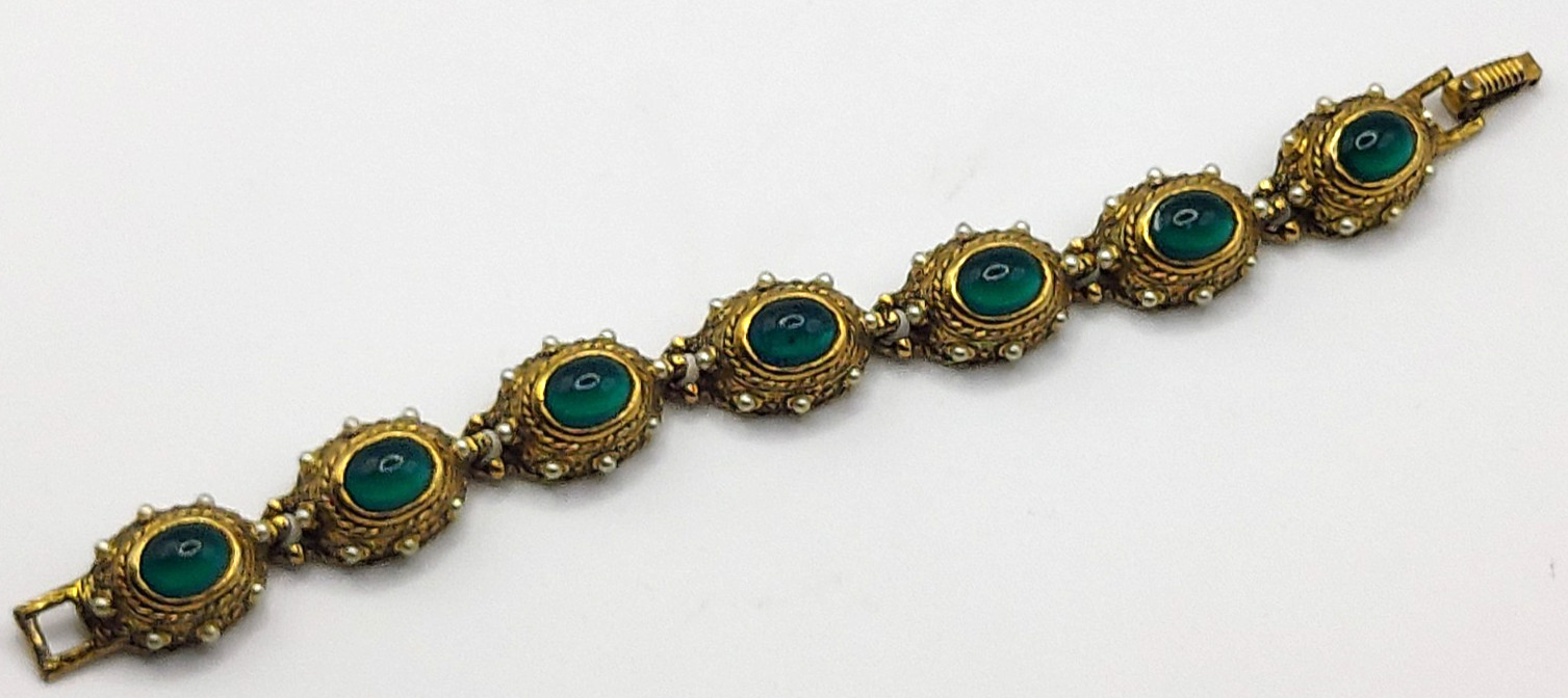 Benedikt NY Etruscan Revival Green Cabochon & Seed Pearl Bracelet & Necklace