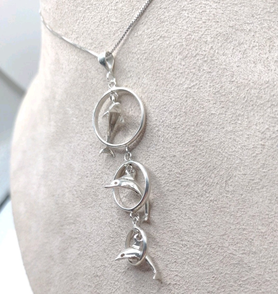 Sterling Silver Box Chain 18″ Necklace NC Jumping Dolphins Pendant 6.4g 0.8mm