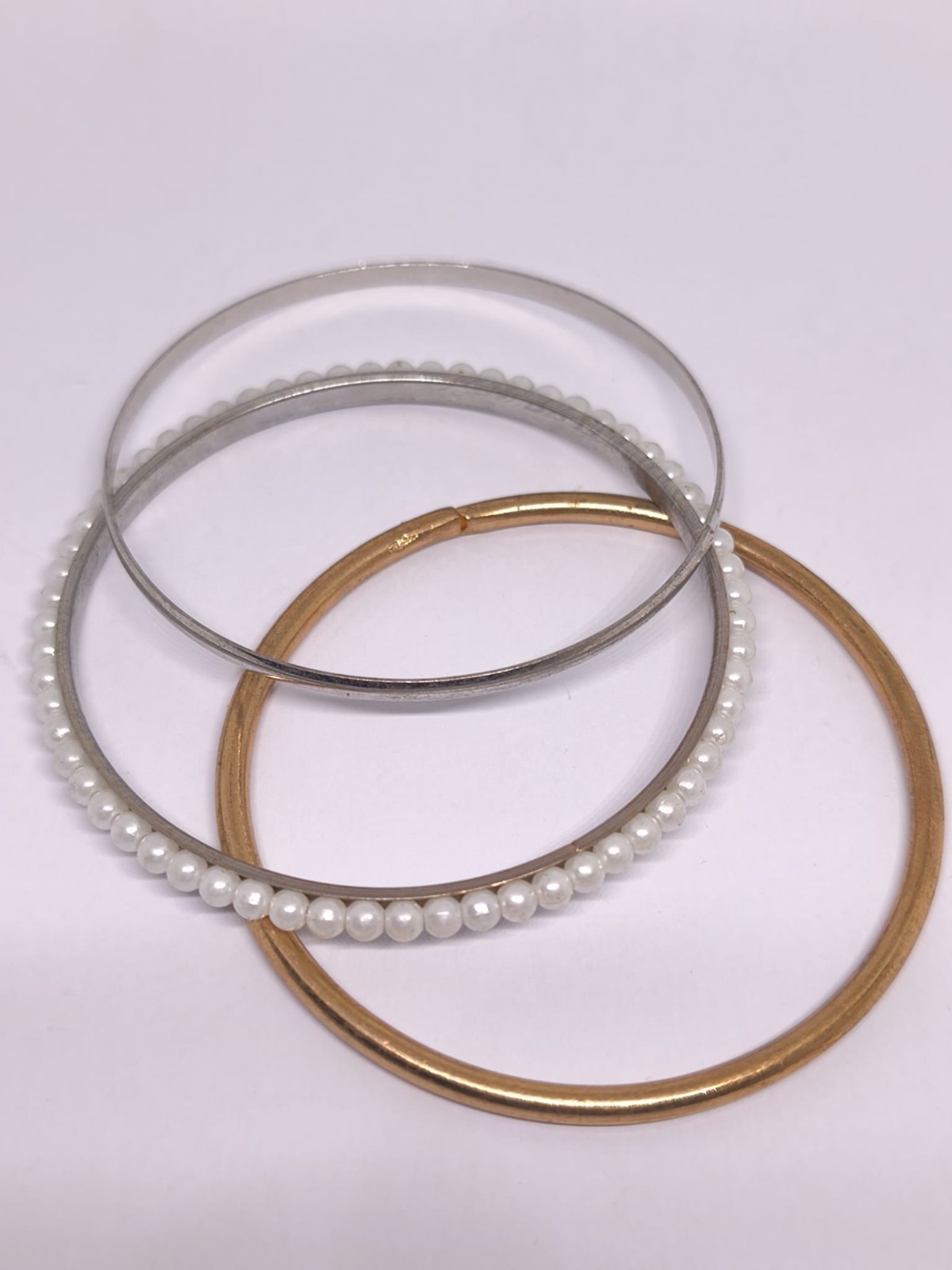 Vintage Bangle Bracelet Set of 3 Faux Pearl Gold Tone Silver Tone Stackable Bang