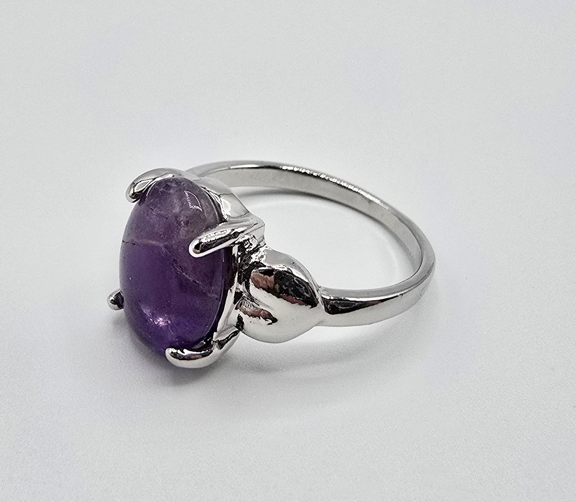 Women’s Silver Tone Oval Amethyst Natural Stone Purple Women’s Ring Size 10