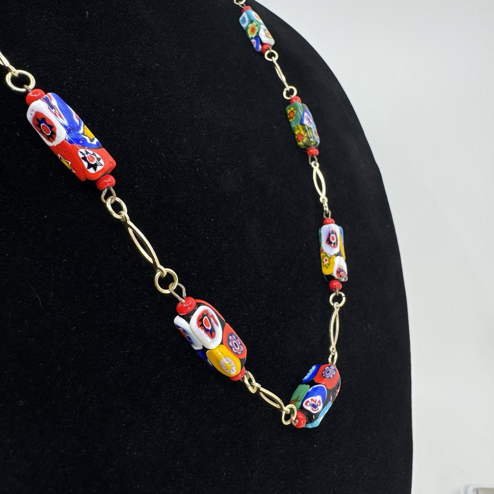 Vintage Millefiori Rectangle Glass Bead Necklace Gold Tone 29”