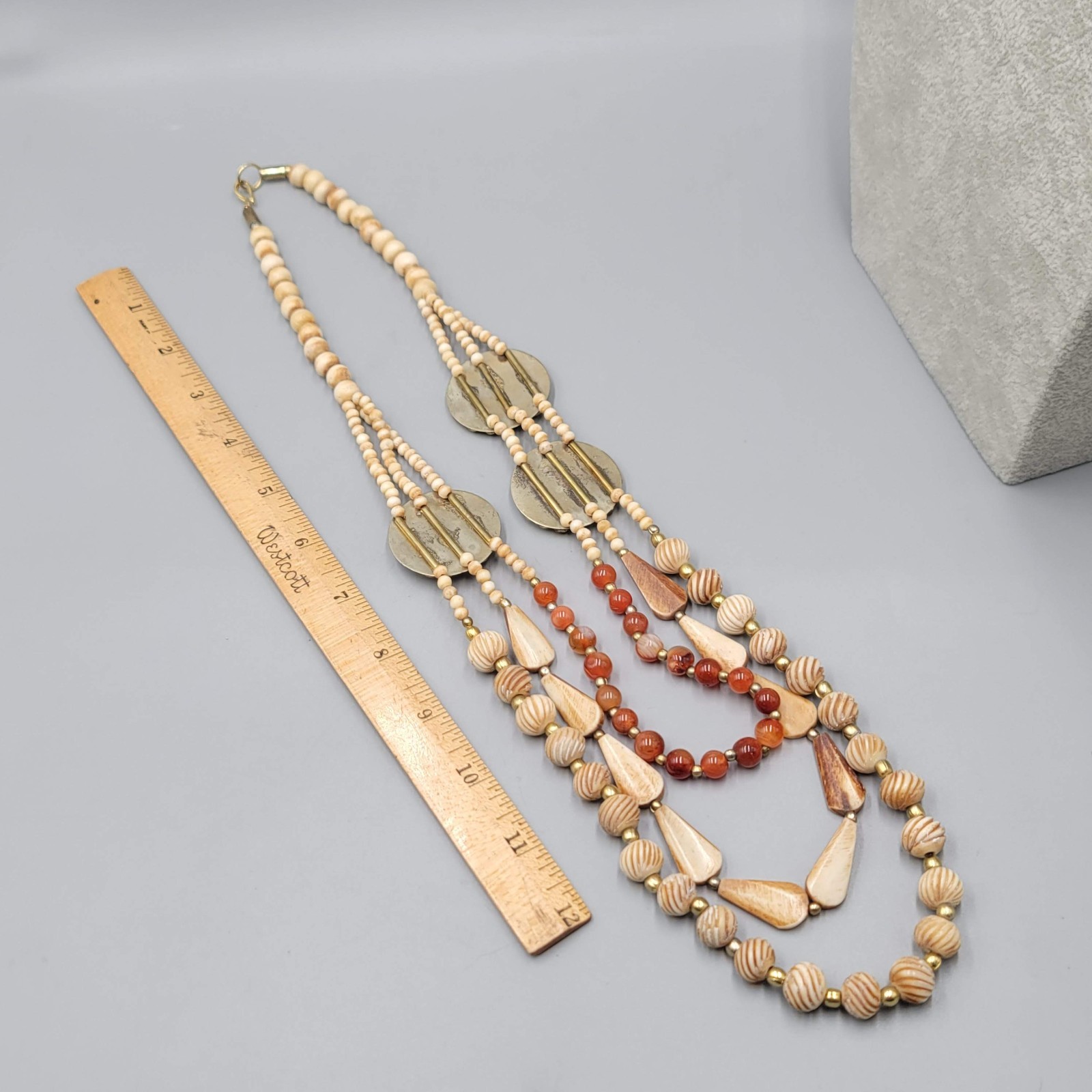 Vintage Ethnic African Bead Necklace Bovine Cow Bone Brass Carnelian Stone