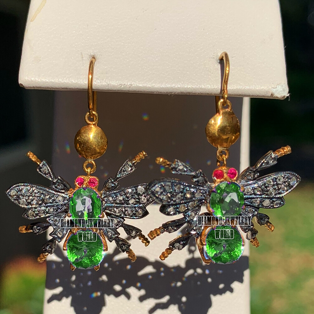 Victorian 1.47ctw Rose Cut Diamond Gemstone Studded Silver Bee Earring Jewelry