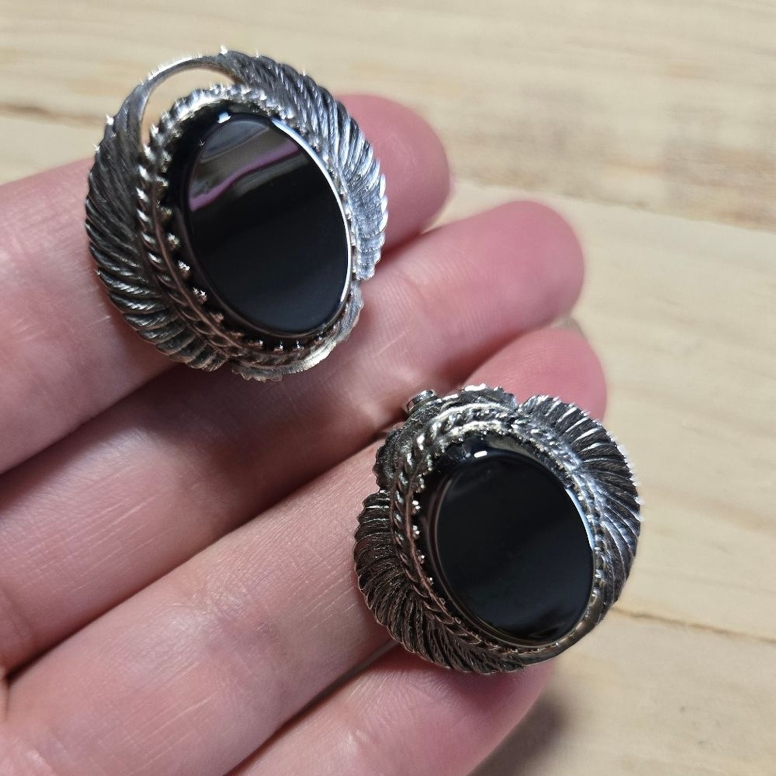 Whiting & Davis Silver Tone and Hematite Clipon Earrings with Intricate Design