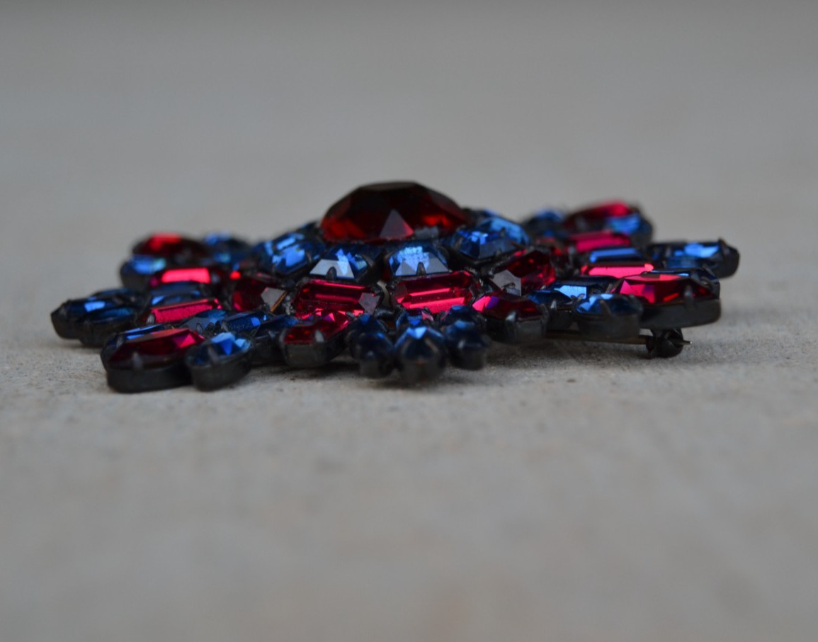 SCHREINER Maltese Cross Brooch RED/BLUE Rhinestones Unsigned Book Piece 3.5 in.