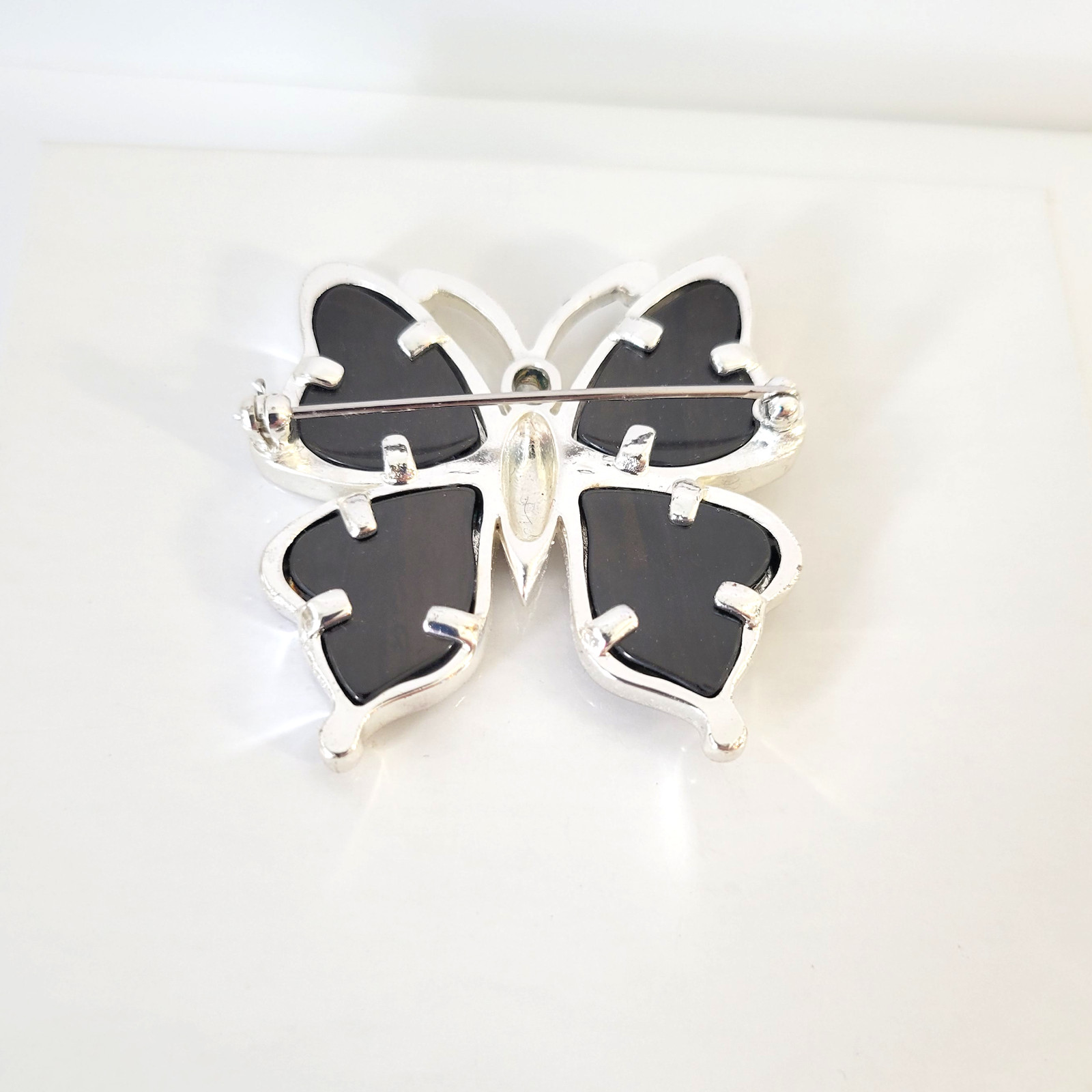 Silver Tone Butterfly Brooch Cut Out Brown MOP Pin 1 3/4 Ht
