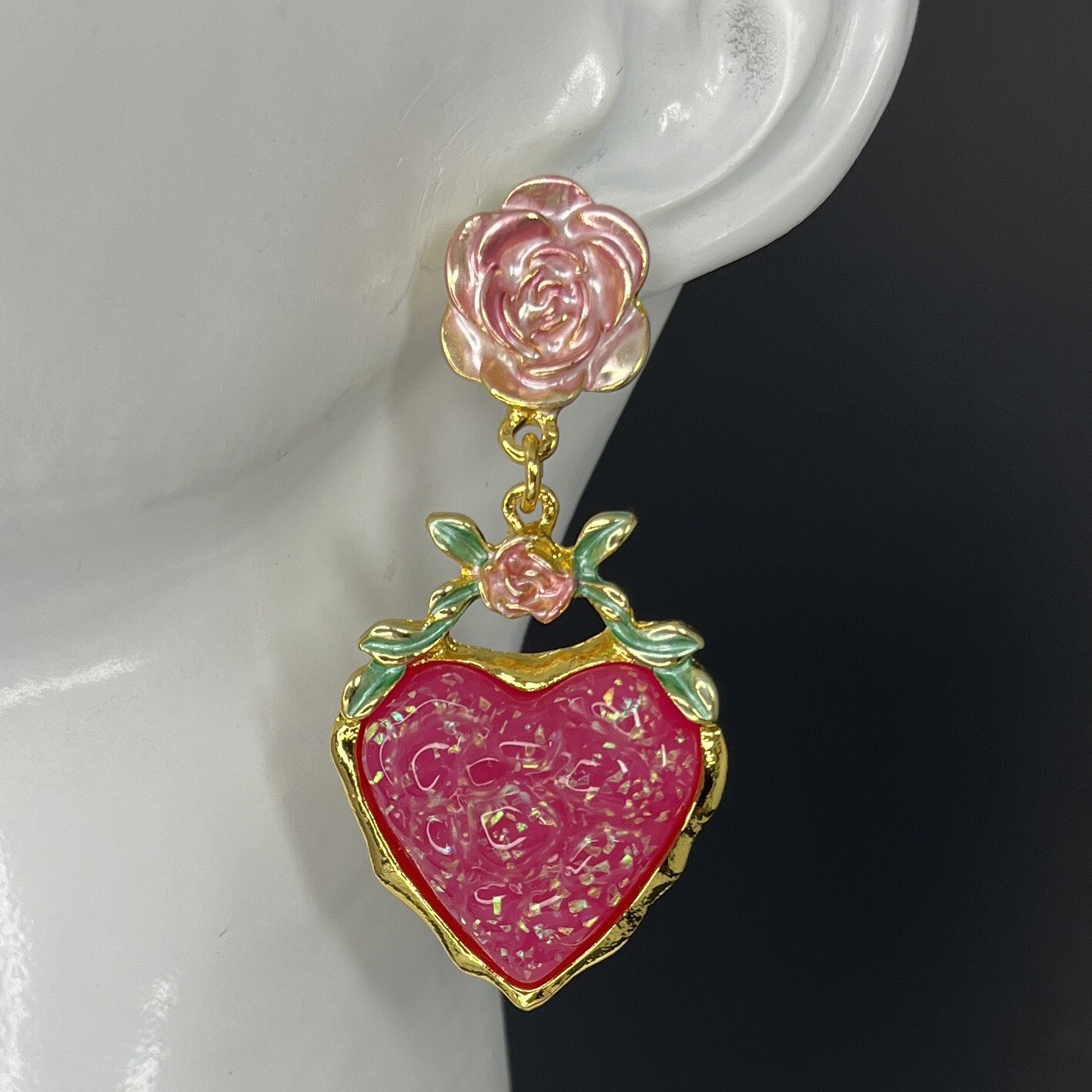 Gripoix Style Heart Earrings Pierced Gold Tone Rose Pink Flower Resin Statement