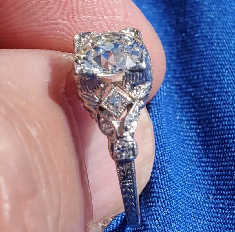 Original EARTH MINED DIAMOND Deco Engagement Ring 1.5 Antique Platinum Solitaire