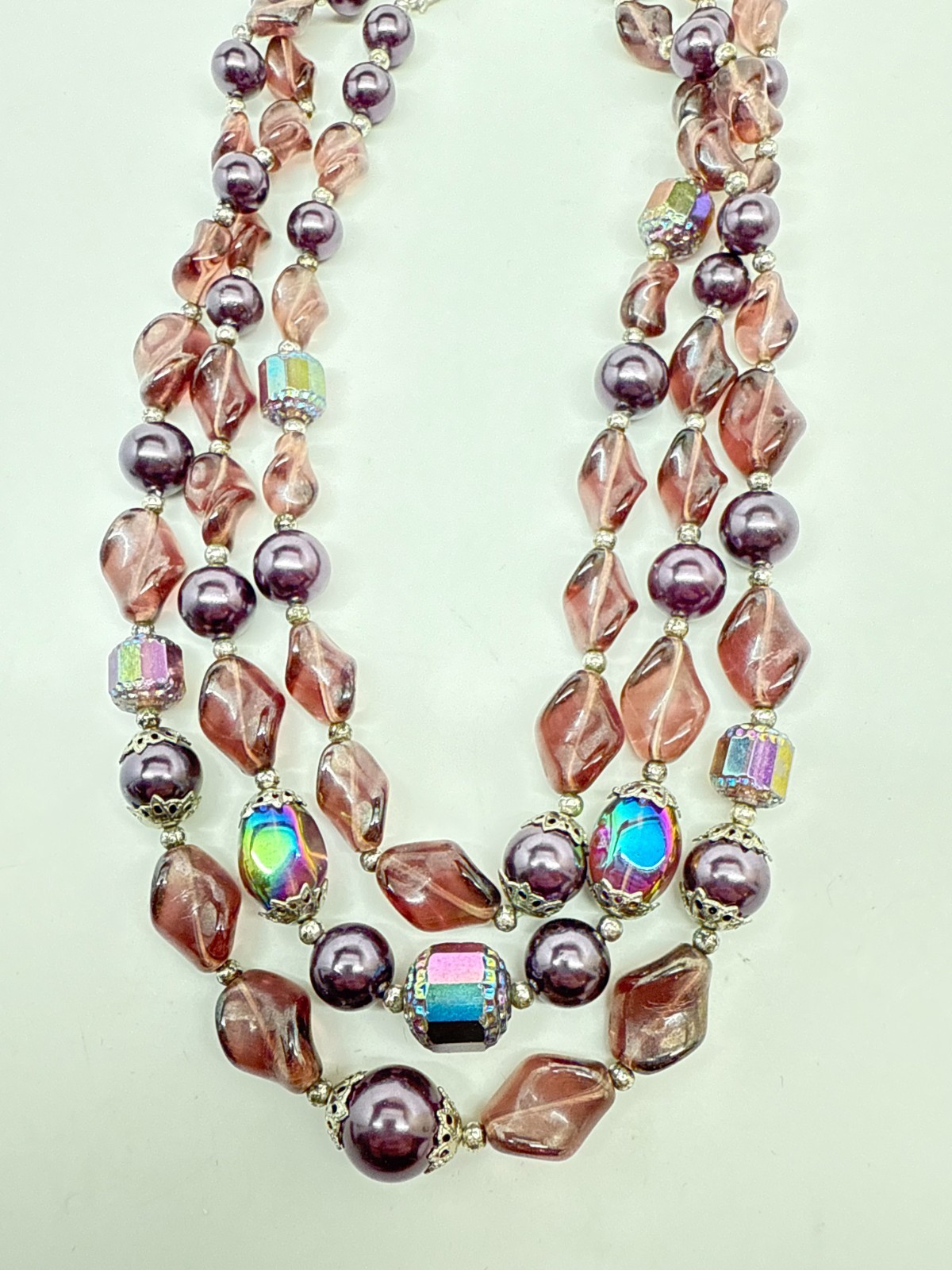 Vtg Crown Trifari purple Lucite AB Beads Demi Parure Set Silver W/ Box
