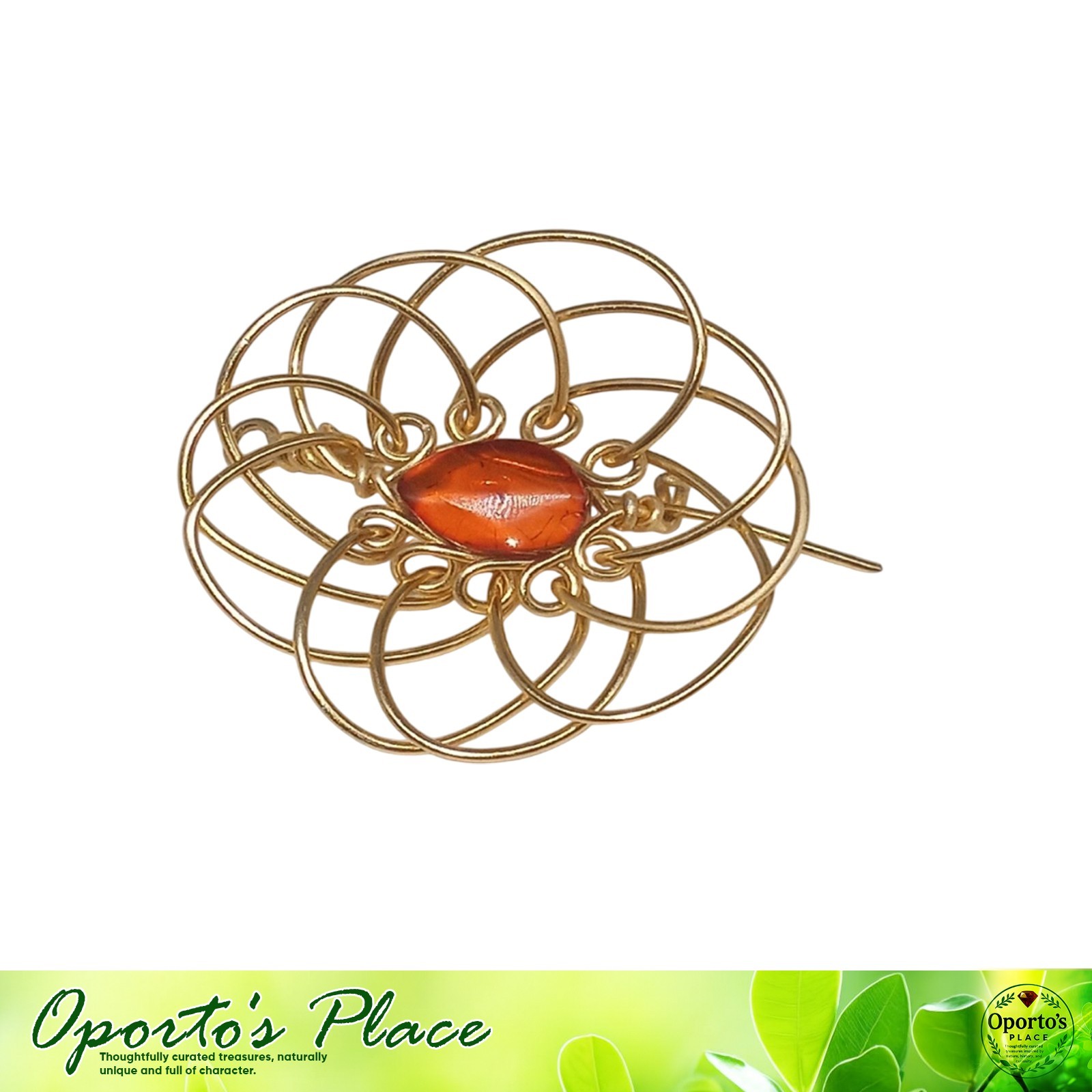 Vintage Wire Wrap Gold Tone Brooch Floral Theme Dark Orange Cabochon
