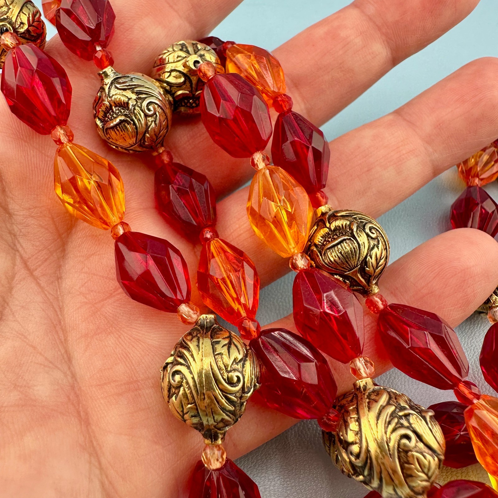 Vintage Lucite Bead Gypsy Necklace Faceted Red Orange Gold Tone Floral 46″ Boho