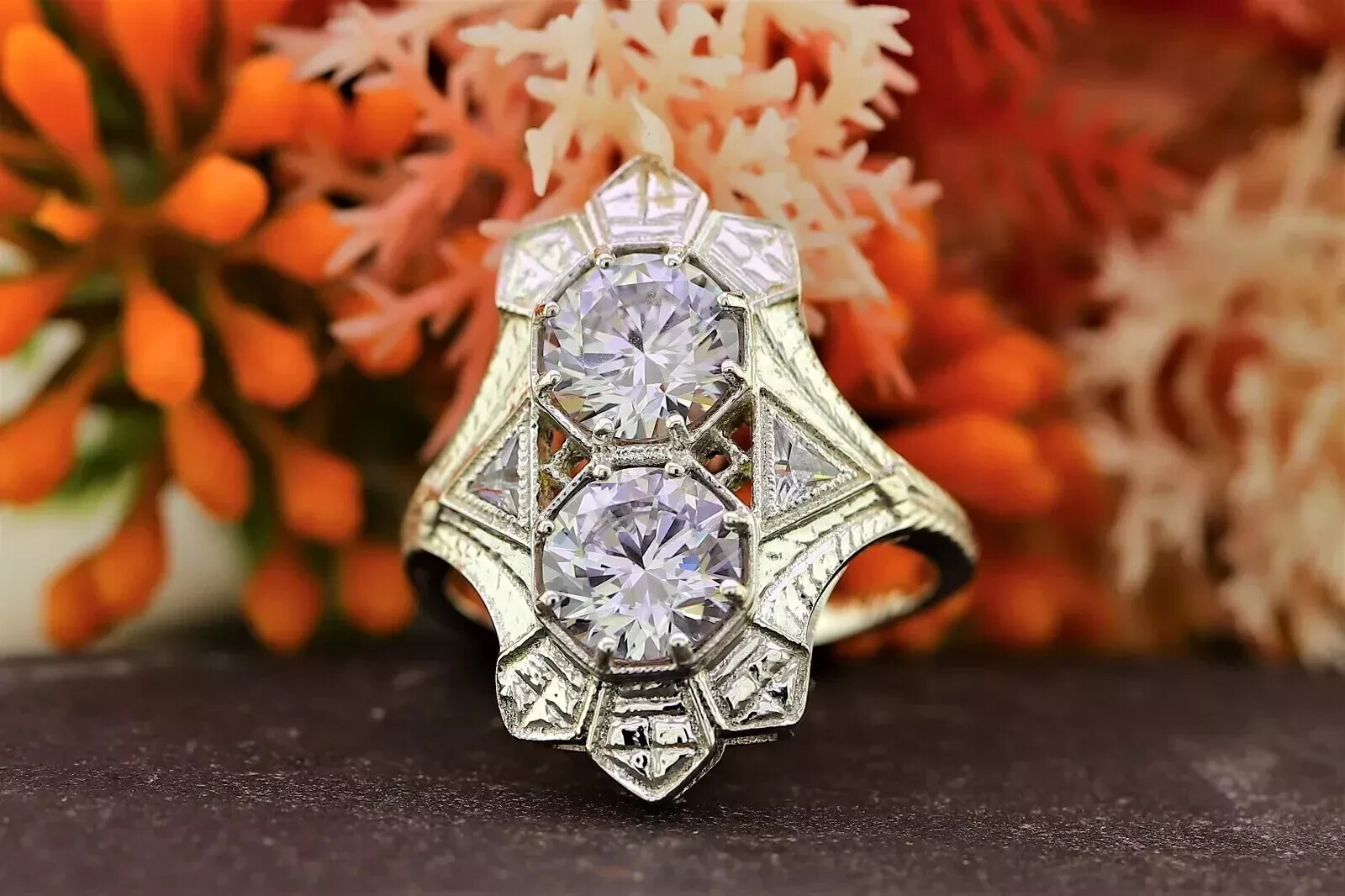 Art Deco Round Lab Created Diamond Two-Stone 14K White Gold FN Engagement Ring