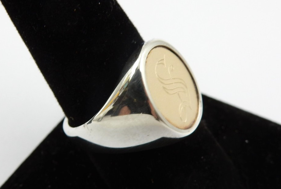 VINTAGE STERLING SILVER 14K GOLD SIGNET RING – “S” MONOGRAM, SIZE 9.5, 12 GRAMS