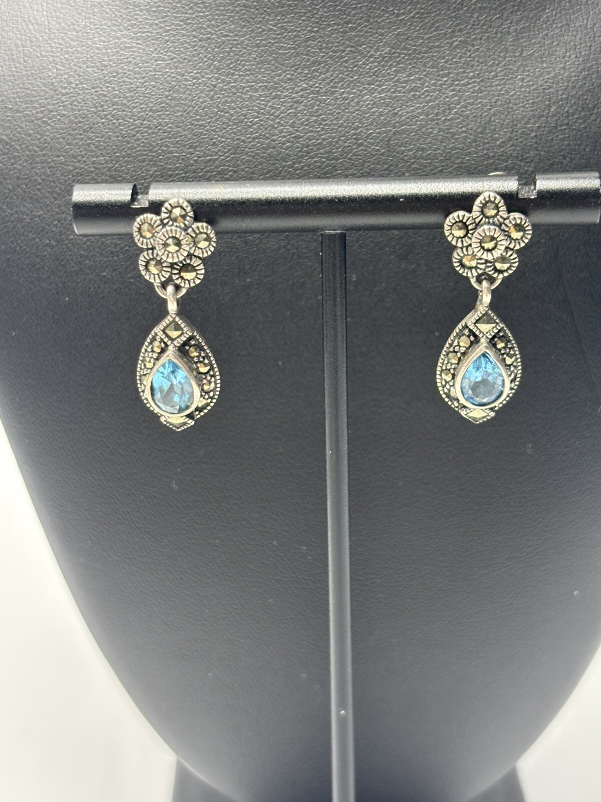Vintage Blue Topaz Marcasite Sterling Silver Earrings Stud 925