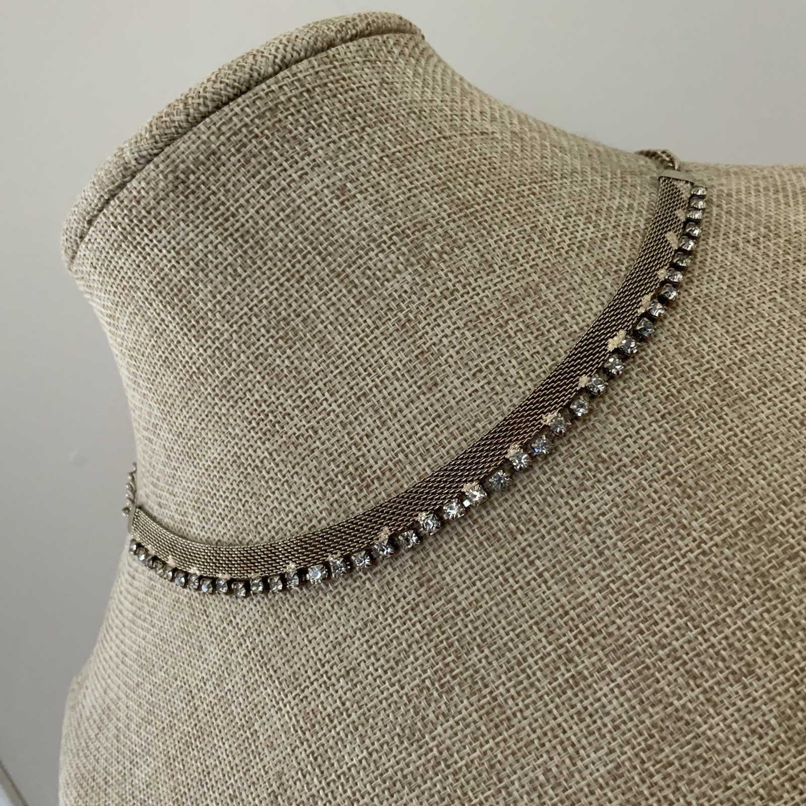 Vintage Rhinestone Mesh Choker Necklace Gold Tone Minimal Sparkle 50s