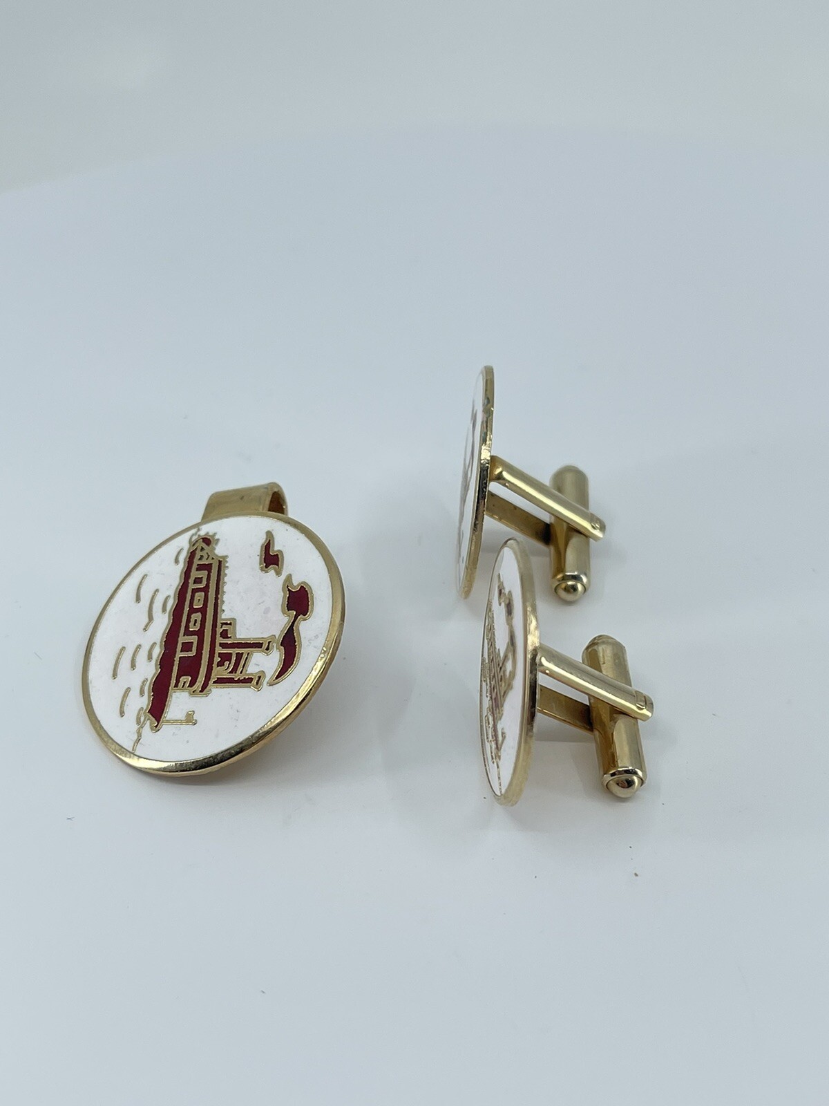 Mr Tara River boat cufflinks and tie clip set red gold white enamel 1″