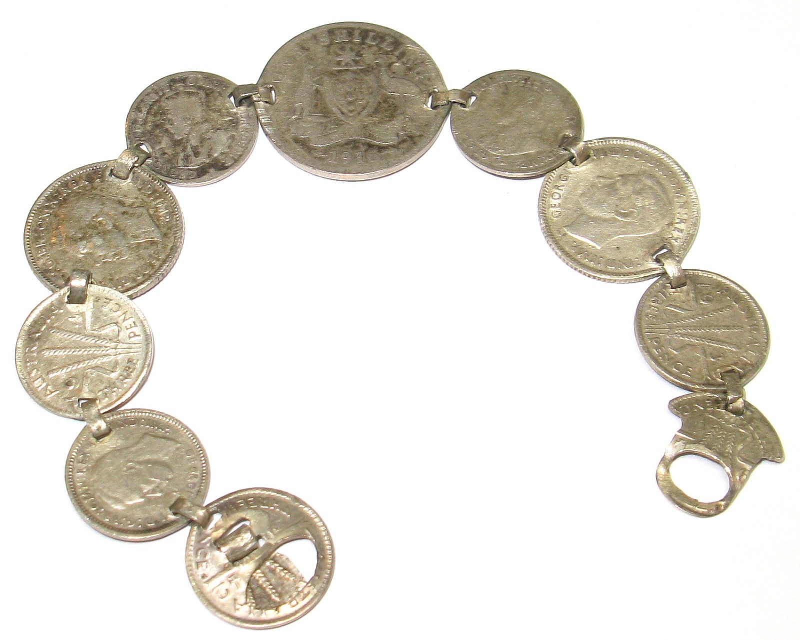 Vintage Sterling Silver 1916-1940s Australian Coin Bracelet, 10 Coins