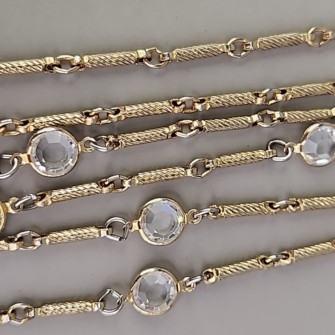 Vintage Open Bezel Necklace Clear Glass Bar Link Gold Tone Spiral 36″