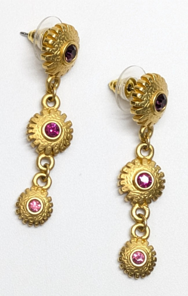 VTG Gold Tone Floral Dangle Drop Pink Purple Rhinestone Pierced Earrings 1 5/8″