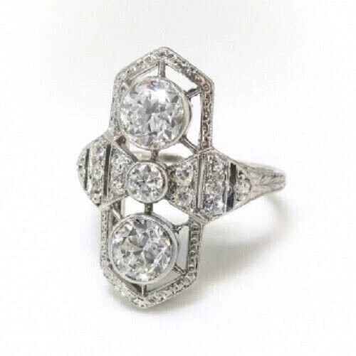 3-Stone 3CT Round Cut Art Deco Shield Halo Lab Created Diamond Ring 925 Silver