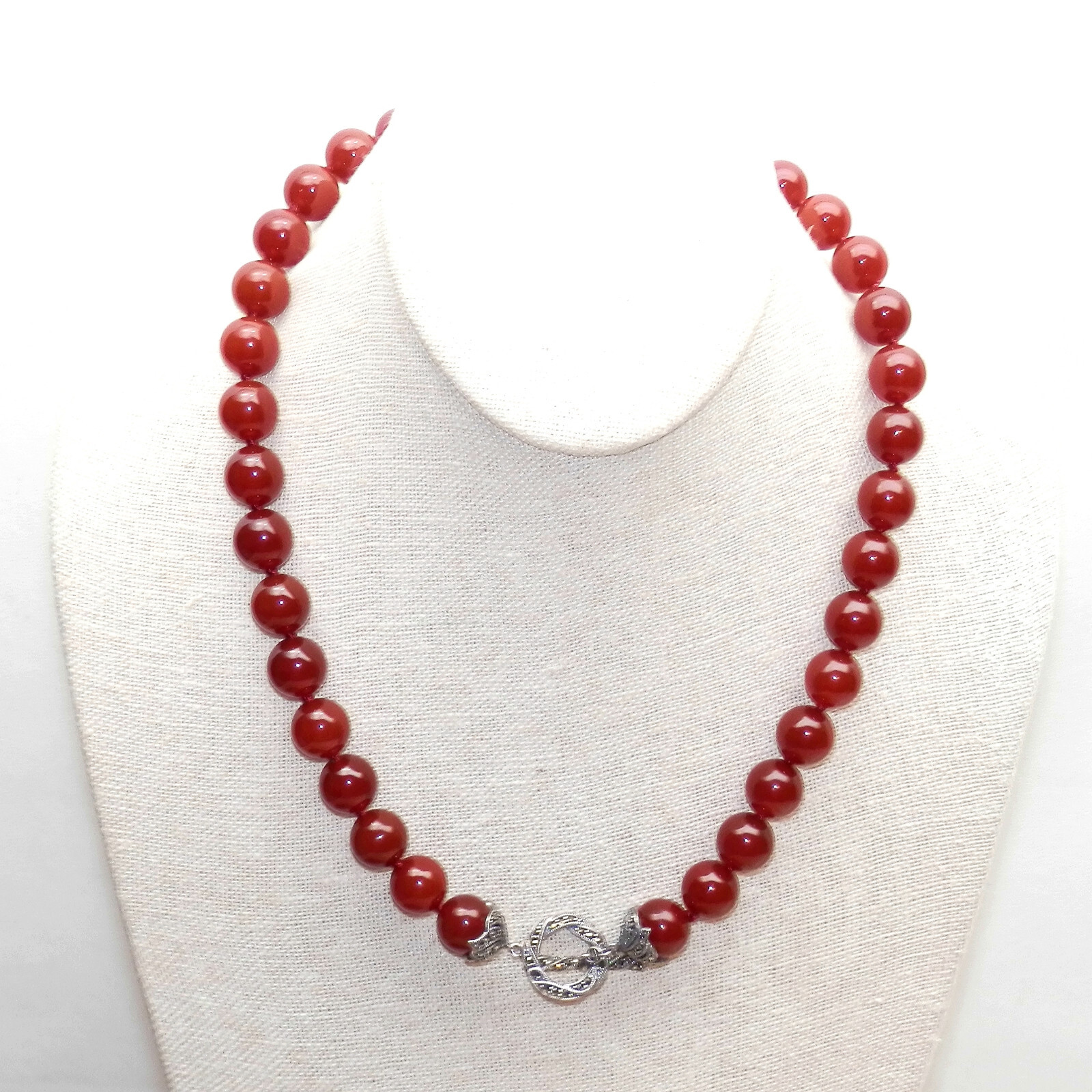 Carnelian & Marcasite 925 Sterling Silver Beaded Knotted 12mm Vntg Necklace 20in