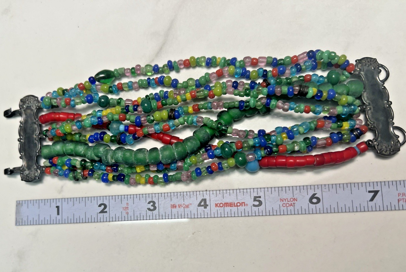 T. FOREE African Trade Multi Strand Glass Beaded Bracelet Sterling Silver 7.5″