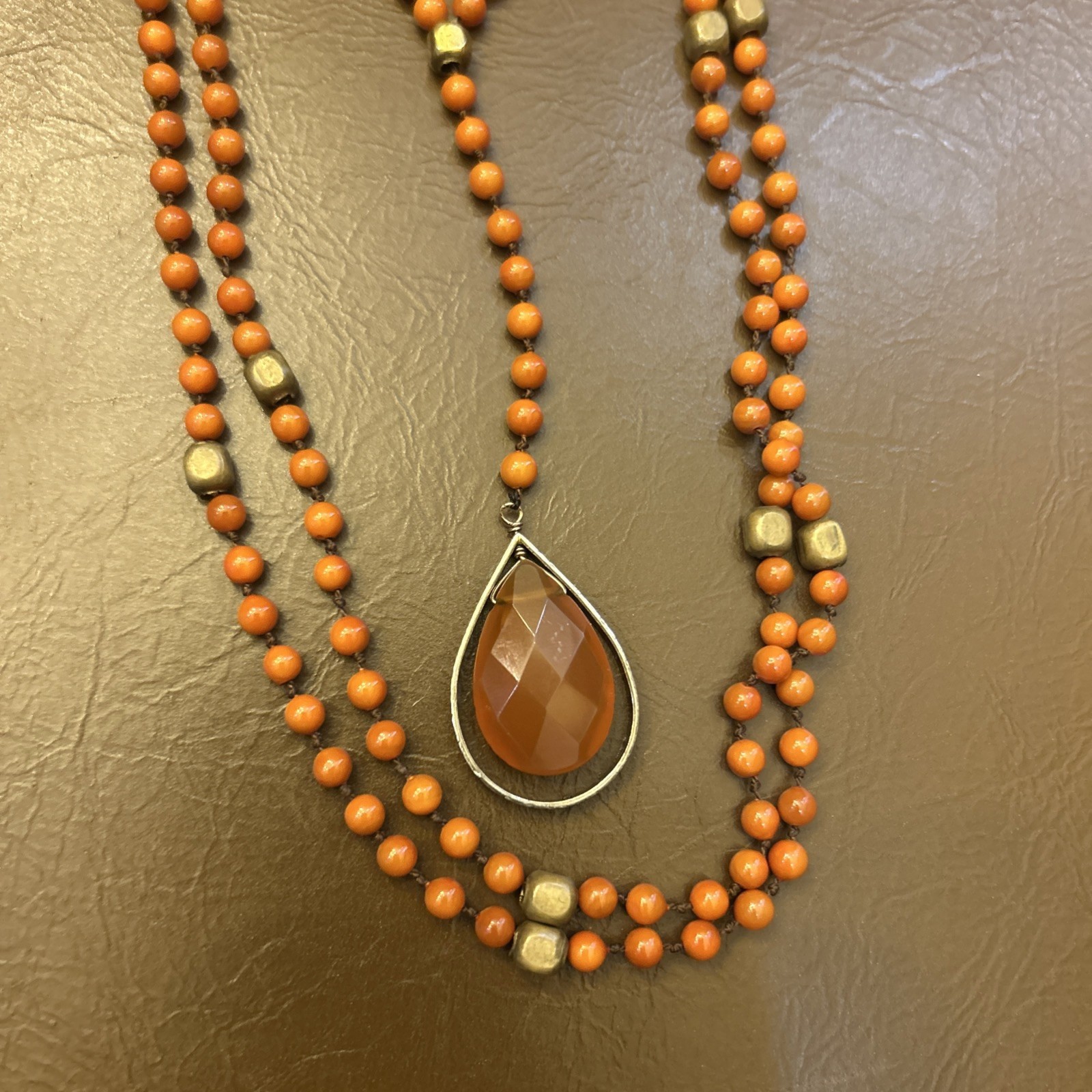 Antique Reddish Orange Coral Small Beaded w/0range Onxy Necklace 25in