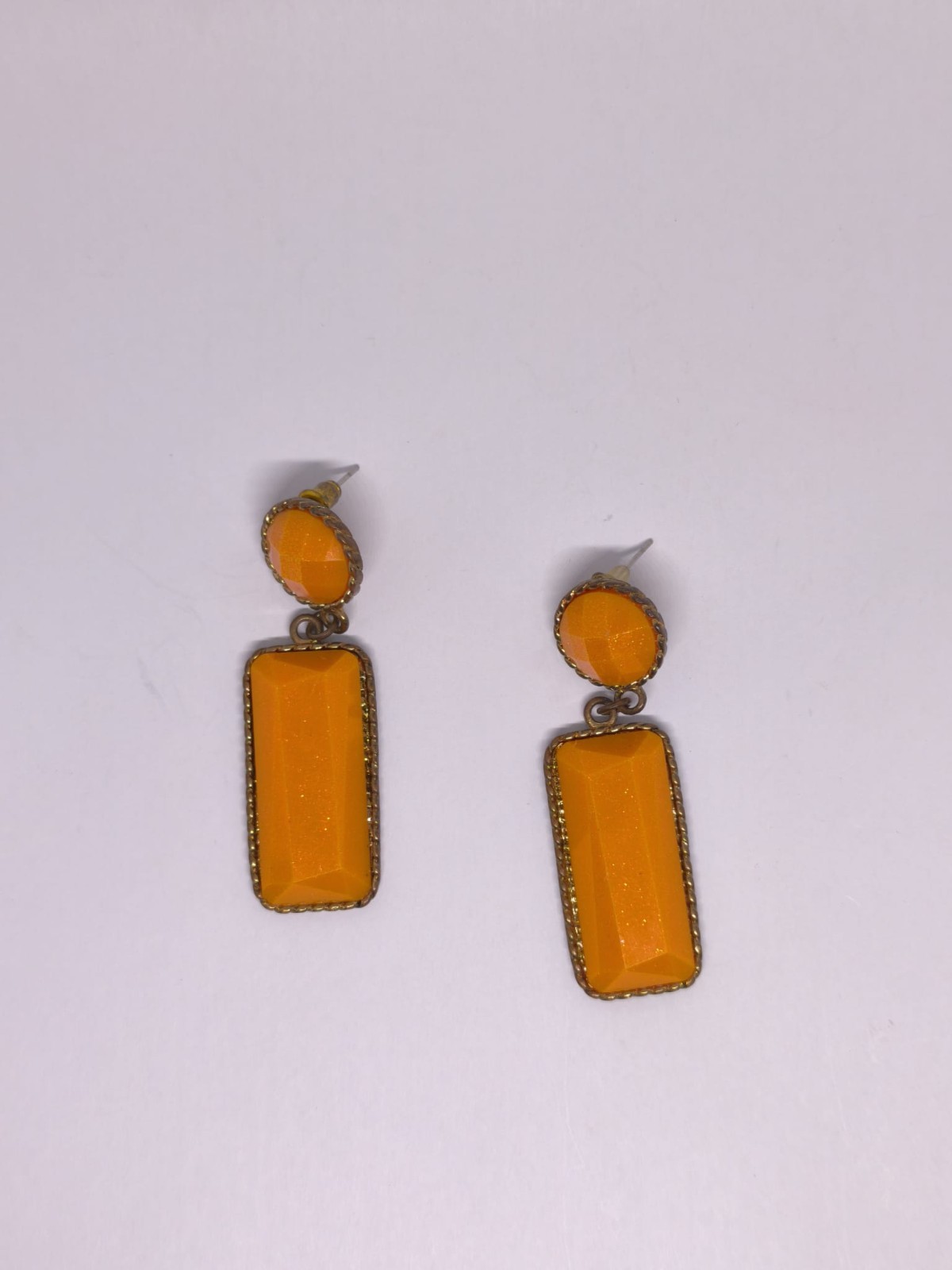 Vintage Art Deco Orange Lucite Dangle Earrings Gold Tone Geometric Statement