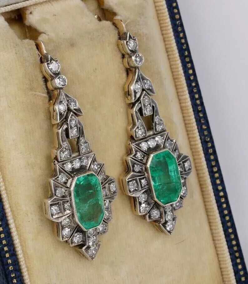 Art Deco Lab Created Emerald Engagement Wedding 14K White Gold Finish Earrings