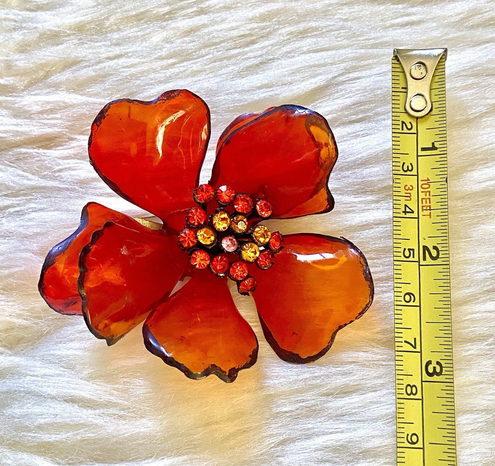 Vintage Cellulose Acetate Flower Brooch Large MCM Red Pink Orange Rhinestone Pin