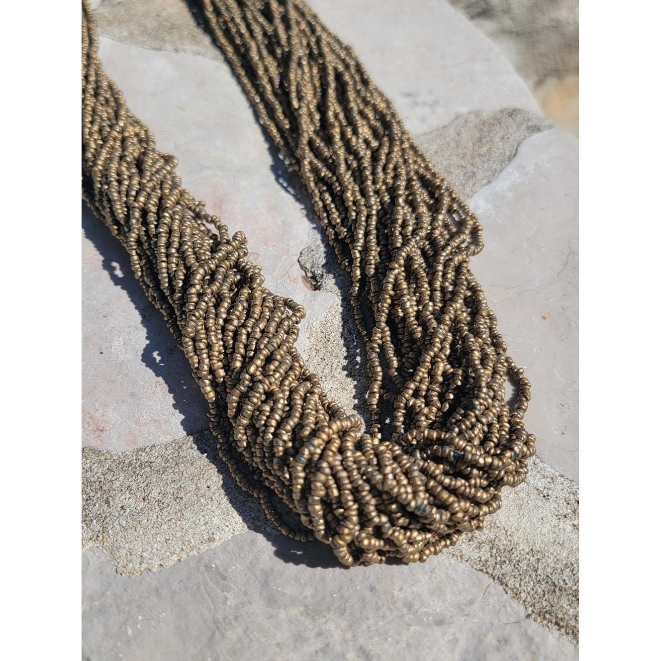 Vintage Bronze Gold Multi Strand Seed Bead Necklace Boho Statement Unsigned