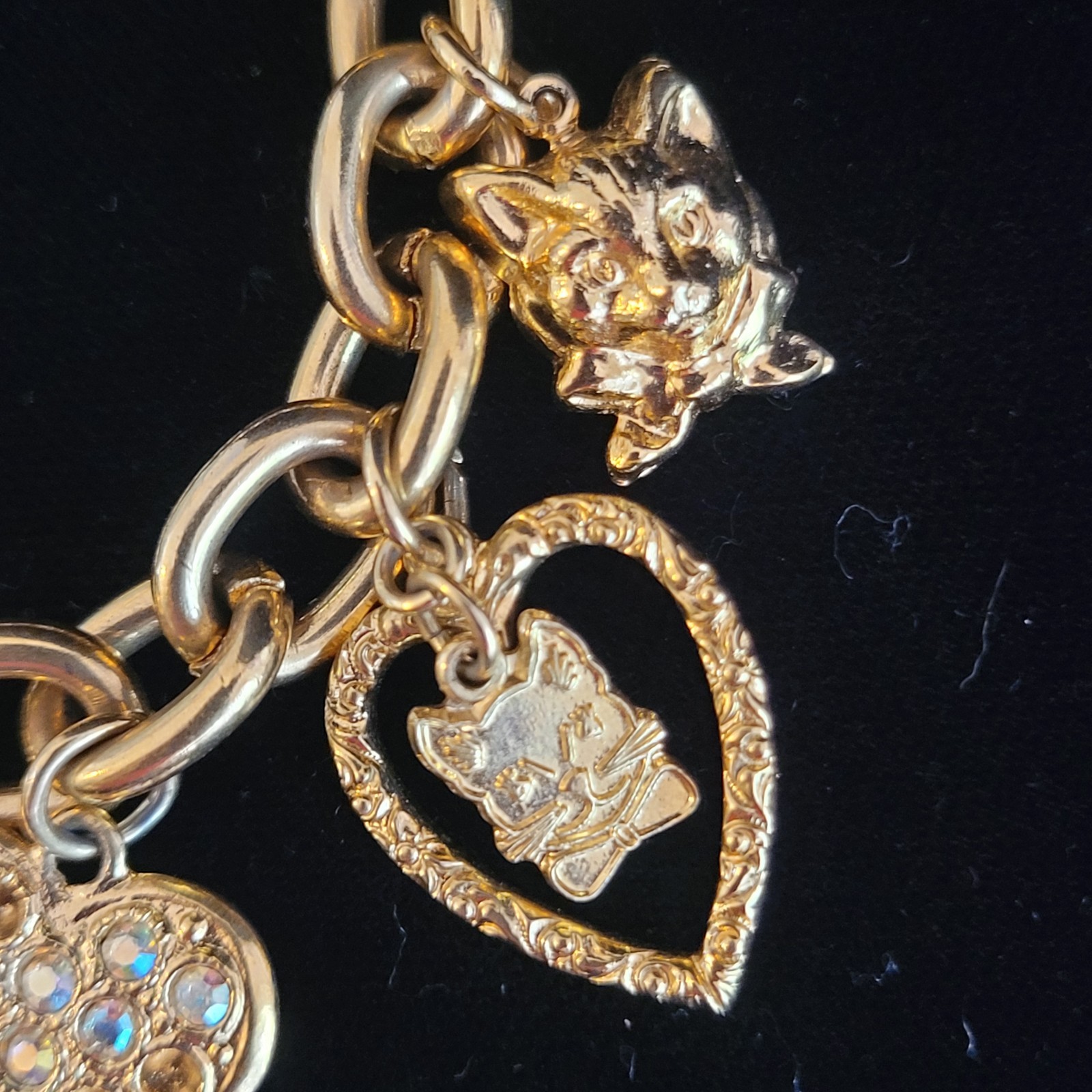 Vintage 1990s Kirk’s Folly Cat Charm Bracelet Gold Tone Rhinestones Cat Lady