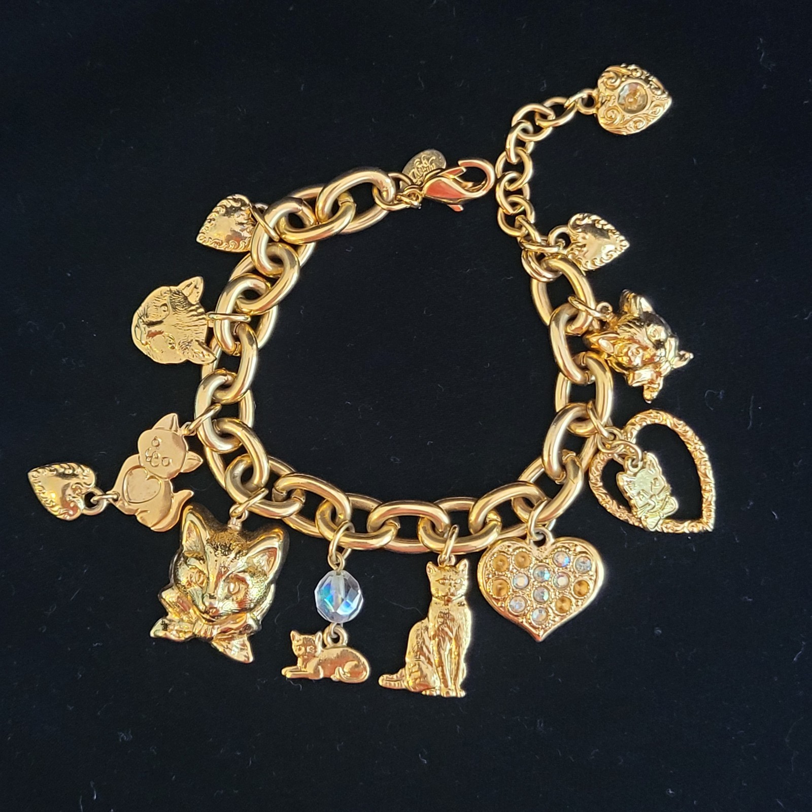 Vintage 1990s Kirk’s Folly Cat Charm Bracelet Gold Tone Rhinestones Cat Lady