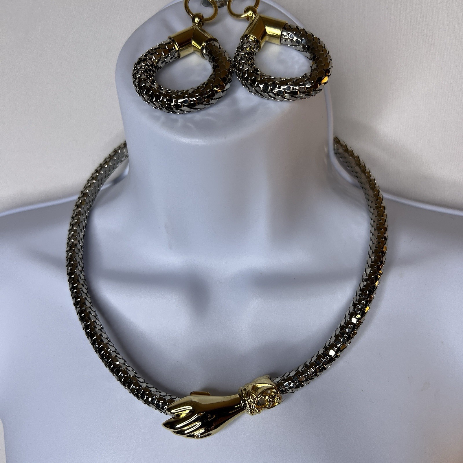 True Vintage DL Auld Silver Mesh Snake Choker Collar Necklace Earrings Set NOS