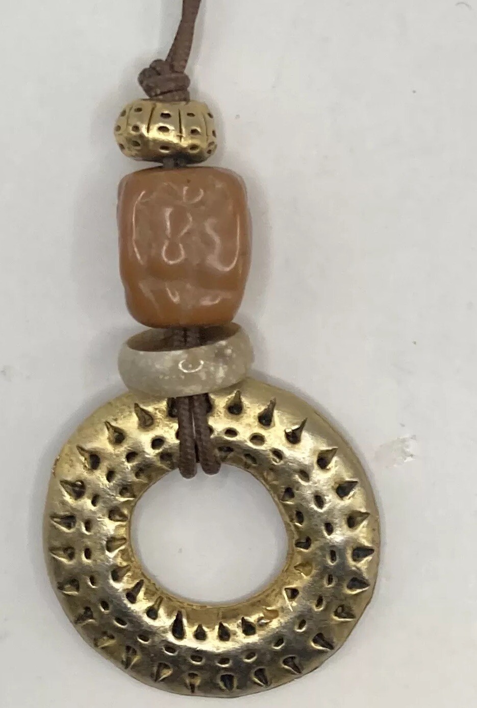 Vintage Necklace Signed EH Etruscan Medallion Circle Goldtone on Cord Earthy 32”