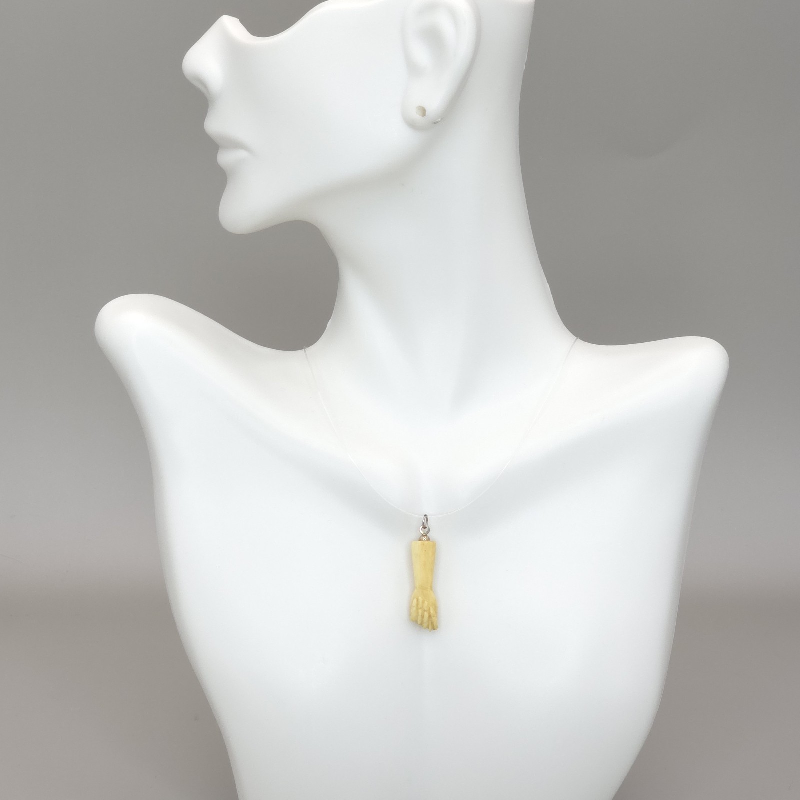Antique Bone Figa Pendant or Charm Bovine / Cow Bone 1″ Carved Silver Tone