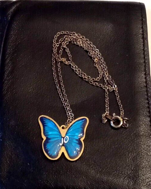 Reversible Butterfly 1″ Pendant NECKLACE 18″ Silver tone Chain Blue/Pink name JO